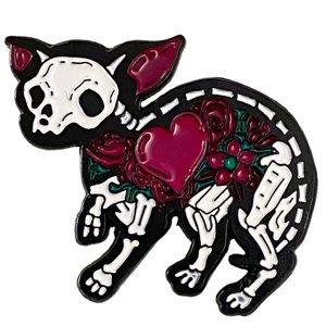 Pin 1.5” Skeleton Dog Floral Heart Enamel Brooch Halloween